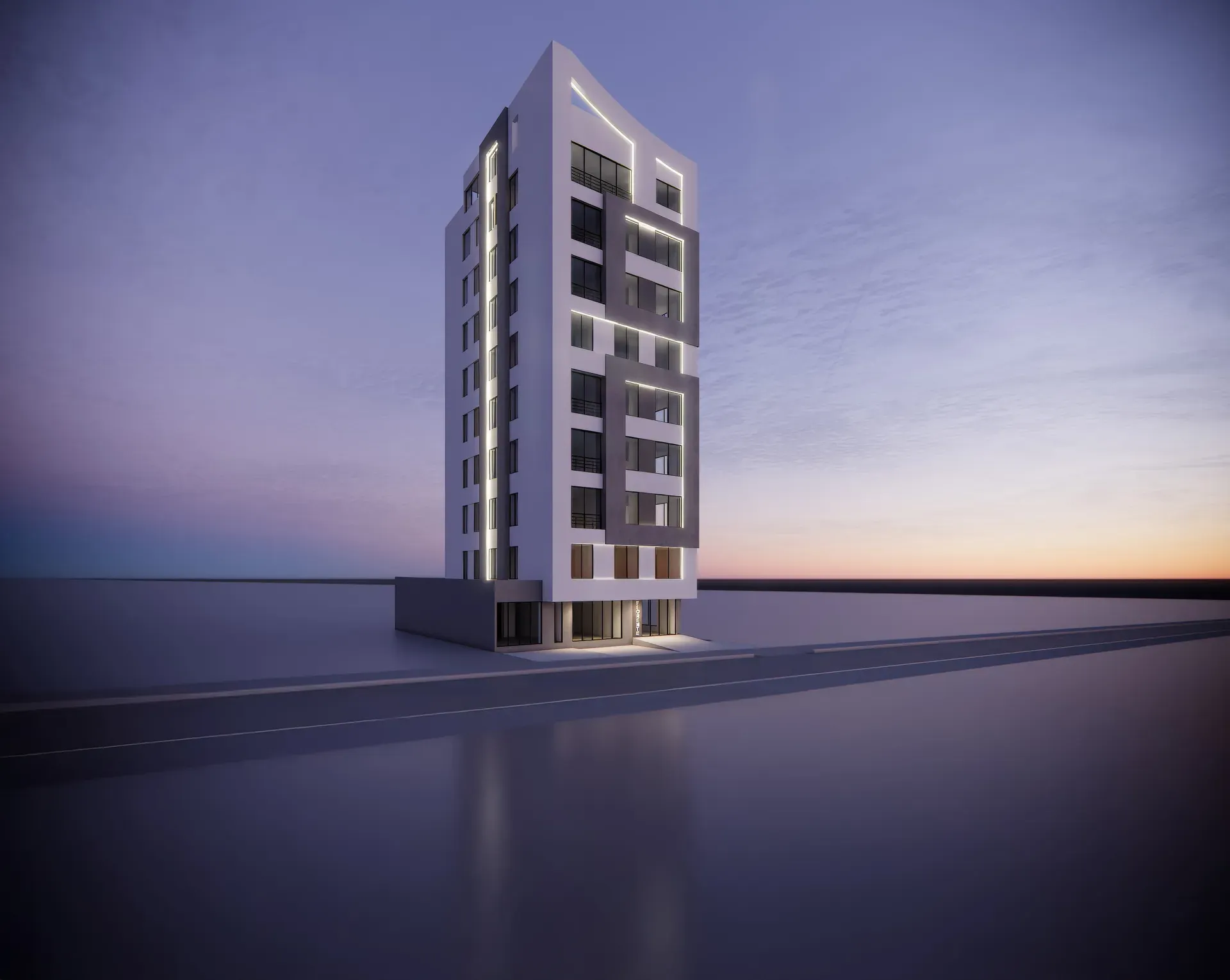 Render del edificio Fiorente al atardecer